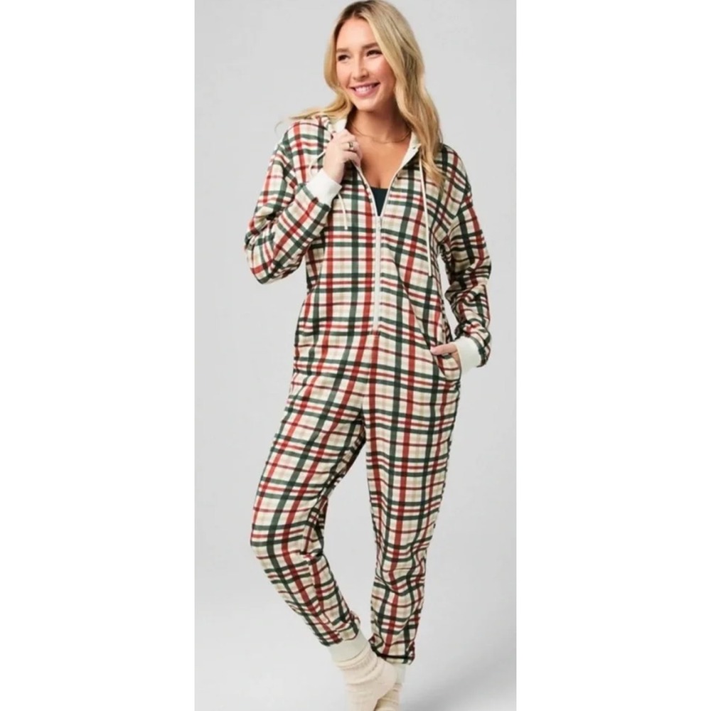 Fabletics Plaid Hoodie Lounge Jumpsuit Fleece Lined Zip Up Womens M NEW